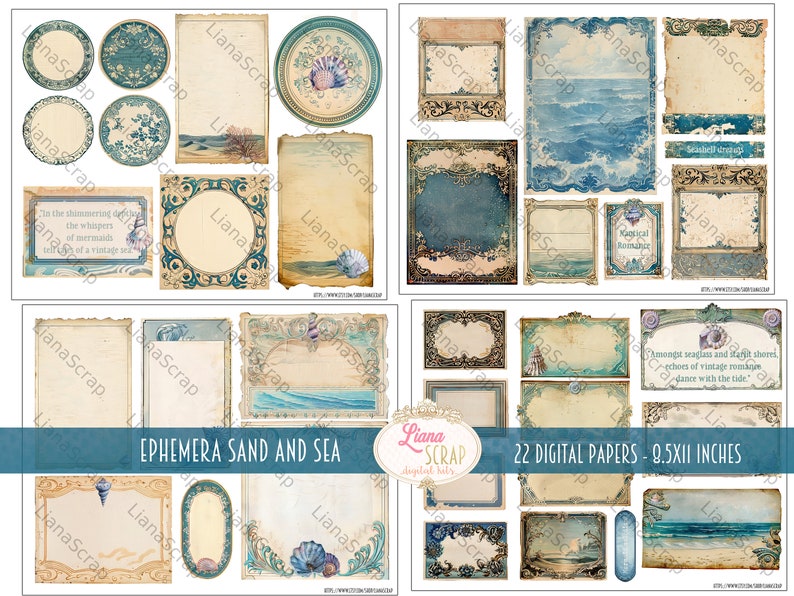 May include: A collection of 22 digital papers with a vintage, nautical theme. The designs feature seashells, ocean waves, and ornate frames in shades of blue, beige, and teal. Includes text that reads "Ephemera Sand and Sea". Each paper is 8.5x11 inches.