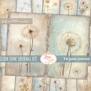 Dandelion Junk Journal, carta digitale, stampabile, diario floreale, carta vintage, kit