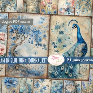 May include: A digital junk journal kit with 21 pages featuring a blue peacock, blue flowers, a tree, and a bench. The kit is called "Daydream in Blue Junk Journal Kit" and includes .jpg and .pdf files.
