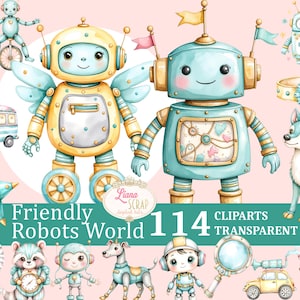 Könnte beinhalten: Aquarellillustrationen von freundlichen Robotern und anderen skurrilen Charakteren. Das Bild enthält zwei große Roboter, einen Bus, einen Stern, einen Schwan, einen Hund und andere niedliche Designs. Der Text lautet "Friendly Robots World 114 Cliparts Transparent PNG."