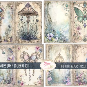 May include: A digital paper pack with 16 papers featuring a whimsical fairy garden theme. The papers feature images of butterflies, flowers, mushrooms, and a key. The papers are 8.5 inches by 11 inches.