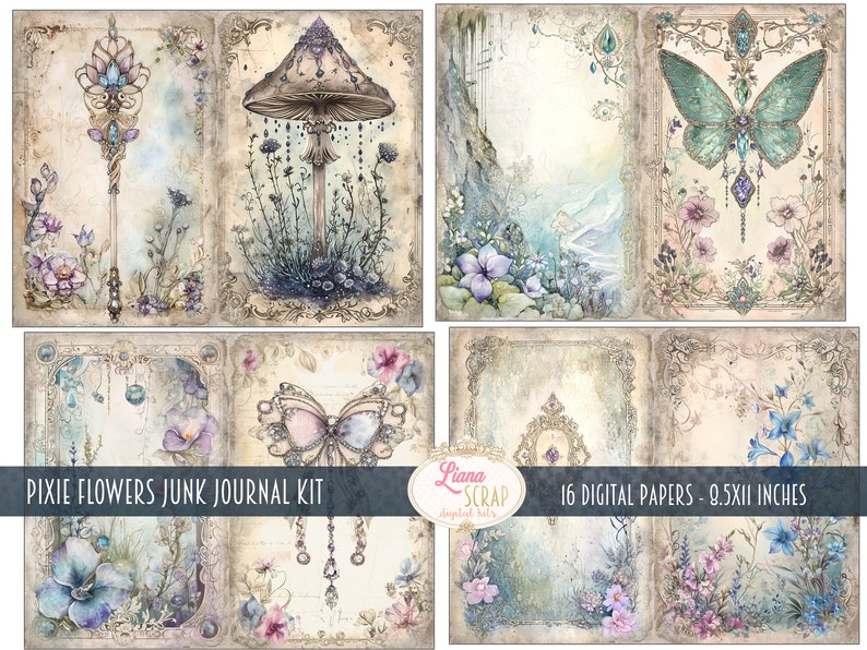 May include: A digital paper pack with 16 papers featuring a whimsical fairy garden theme. The papers feature images of butterflies, flowers, mushrooms, and a key. The papers are 8.5 inches by 11 inches.