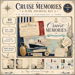 Afdrukbare Junk Journal Kit Cruise Memories, 40 pagina's vintage nautische reizen