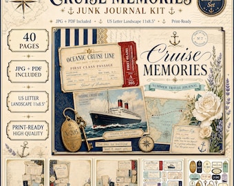Printable Junk Journal Kit Cruise Memories, 40 Pages of Vintage Nautical Travel