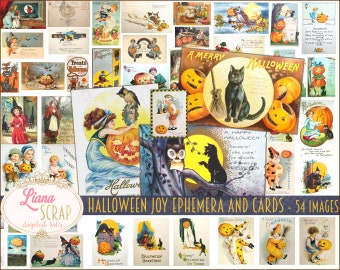 Halloween Ephemera, Postcards and Vintage images for Junk Journals, Halloween Digital Kit, Halloween Printables Collage Sheet
