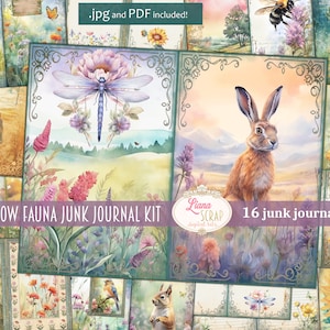 Kit digitale per diario spazzatura della fauna del prato, collage stampabile di fiori selvatici e animali, kit digitale, carta per diario spazzatura digitale
