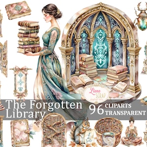 La biblioteca dimenticata 96 immagini clipart PNG trasparenti Adesivi per planner digitali estetici libreschi Decorazioni per biblioteca ad acquerello Elementi magici