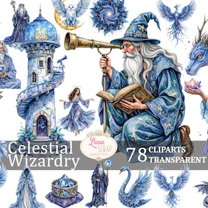 Celestial Wizardry 78 clipartafbeeldingen - digitale stickers, transparante PNG, mystieke tovenaar clipart, Fantasy Art, astrologie, planner, maan
