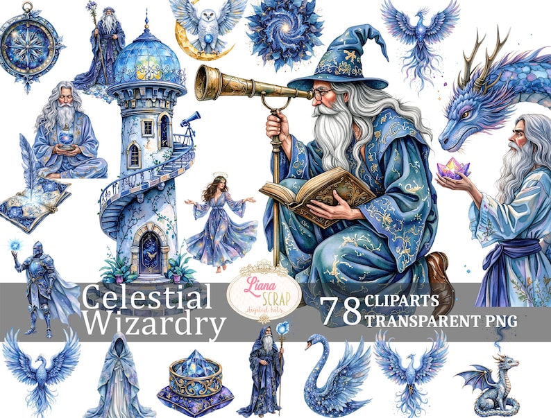 Pode incluir: Conjunto de clip art em aquarela com elementos de magia celestial. Inclui magos, uma torre, um drag&atilde;o, uma coruja, uma b&uacute;ssola e outras ilustra&ccedil;&otilde;es m&iacute;sticas em tons de azul e dourado. O texto "Celestial Wizardry" e "78 Cliparts Transparent PNG" &eacute; vis&iacute;vel.