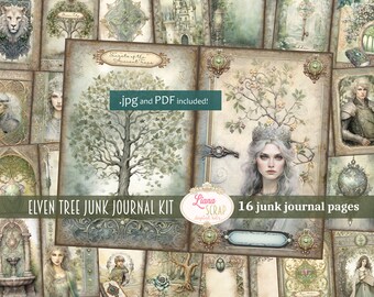 Pode incluir: Um kit de diário de sucata digital com 16 páginas que apresentam uma árvore élfica, uma mulher com uma coroa e outros elementos de fantasia. O texto "Elven Tree Junk Journal Kit" e "16 junk journal pages" é visível na imagem. O texto ".jpg and PDF included!" também é visível na imagem.