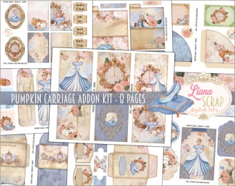 May include: A digital scrapbooking kit with eight pages featuring a Cinderella theme. The pages include images of a pumpkin carriage, a clock, a glass slipper, and Cinderella herself. The kit is titled "Pumpkin Carriage Addon Kit - 8 Pages" and is by Liana Scrap Digital Kits.