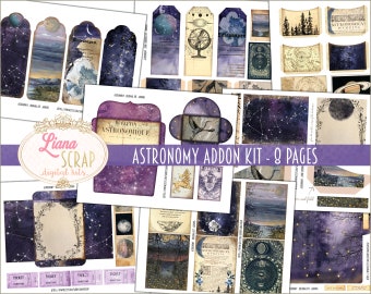May include: A collection of digital scrapbook paper and ephemera with an astronomy theme. The designs feature celestial elements like constellations, moons, and stars, in shades of purple, blue, and beige. Includes tags, tickets, and journal cards. The text "Astronomy Addon Kit - 8 Pages" is visible.