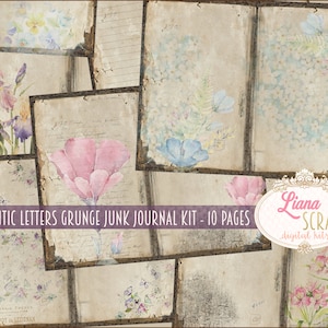 Cartas románticas Grunge Junk Journal Kit digital imprimible, hojas de collage digital floral, diario basura botánico vintage
