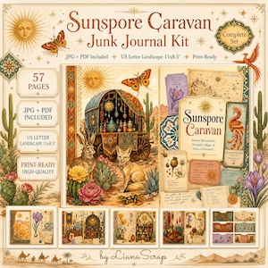 以下が含まれることがあります： Sunspore Caravanジャンクジャーナルキット。USレター横向きサイズ27.94 x 21.59 cmの57ページ構成。砂漠の植物、太陽の生き物、遊牧民の魔法をテーマにしたイラストとテキストが含まれる、印刷可能なJPGおよびPDFファイル形式のキット。