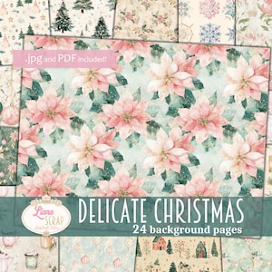 Papel de fundo delicado de Natal, colagem de Natal rosa para impressão, kit de fundo de Natal digital, papel de fundo de Natal pastel