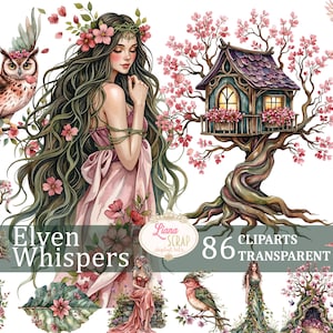 Set di 86 clipart di Elven Whispers - Arte digitale fantasy, PNG floreali, grafica mistica per planner, scrapbooking, foresta fatata, animali magici