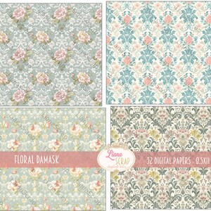 May include: A set of 32 digital papers featuring a floral damask pattern in shades of blue, green, pink, and white. The papers are 8.5 x 11 inches.