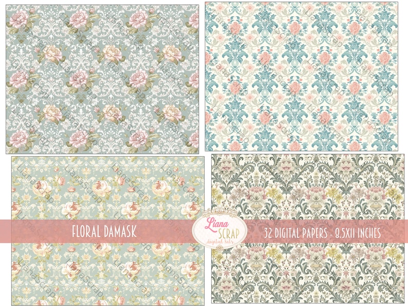 May include: A set of 32 digital papers featuring a floral damask pattern in shades of blue, green, pink, and white. The papers are 8.5 x 11 inches.