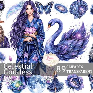 Puede incluir: Un conjunto de 89 imágenes de clipart digitales que presentan una diosa celestial con cabello morado, un cisne con un patrón de galaxia, una galaxia, una flor, un árbol y un hombre con una larga barba blanca. Las imágenes están en un estilo de acuarela y son perfectas para crear arte digital, scrapbooking y otros proyectos creativos.