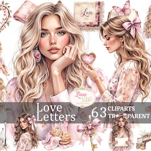 Conjunto de 63 imágenes prediseñadas digitales de cartas de amor, romance en acuarela PNG, ilustraciones florales, estética vintage