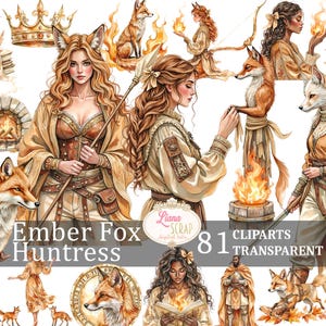 Ensemble de 81 cliparts chasseuse renarde braise automne aquarelle art numérique PNG pour agendas Stickers Scrapbooking Invitations animaux de la forêt mystique