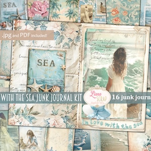 In Love With The Sea Digital Junk Journal Kit, strandcollage afdrukbaar, zomer digitaal junk Journal-papier, oceaangolven achtergrond