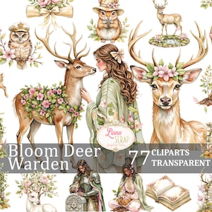Bloom Deer Warden 77 Images Clipart PNG Transparent Art numérique forêt Clipart planner Stickers Illustrations fantastiques, forêt médiévale