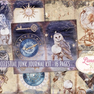 May include: A collage of celestial-themed junk journal pages. The design features owls, clocks, globes, and orbs, with a starry night sky background. The text "Celestial Junk Journal Kit - 16 Pages" is visible.