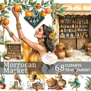 Marché marocain 68 cliparts numériques - PNG transparents - illustrations exotiques pour la conception et l'artisanat, épices et traditions