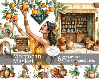 May include: A digital illustration of a Moroccan market scene with a woman in a yellow dress picking oranges from a tree. The scene includes a shop with shelves of spices and jars, a peacock, and a gramophone. The text "Morrocan Market" and "68 Cliparts Transparent PNG" is included in the image.