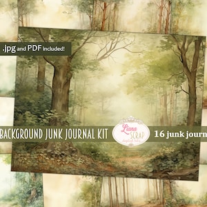 Sfondo della foresta, diario della spazzatura digitale, collage forestale stampabile, diario della spazzatura digitale, carta per diario naturale, sfondo della foresta