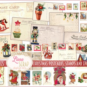 Vintage Weihnachtspostkarten und Briefmarken, 5 Seiten mit digital druckbaren Bögen, Weihnachtspostkarten und Ephemera für Junk Journals