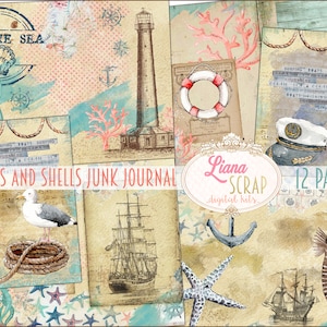Kit diario spazzatura di corallo e conchiglie, stampabili marini, fogli di collage nautici, carta di giornale spazzatura