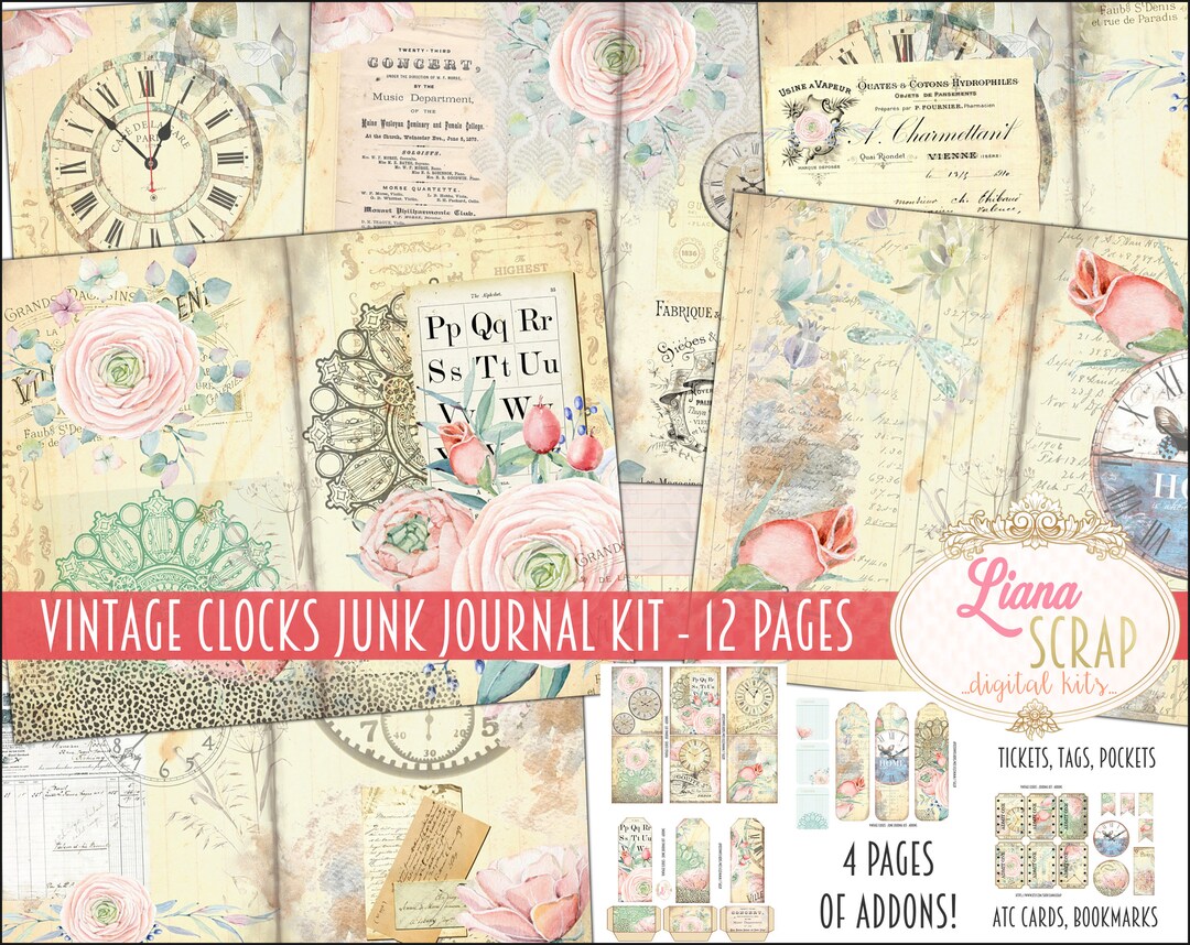 Vintage Clocks Junk Journal Digital Kit Printable, Flowers and Clocks ...