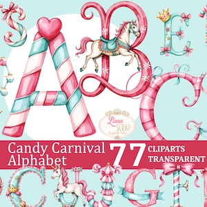 Candy Carnival Alphabet 77 Watercolor Clipart Set - Circus Letters, Numbers, Transparent PNG, Digital Stickers, Planner Elements