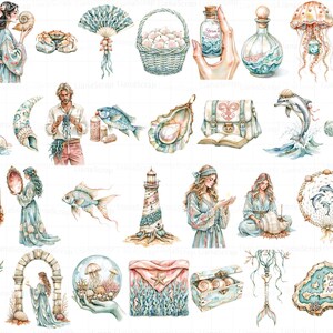 Watercolor Seaborn Witch Clipart Set – Witchcore PNG Graphics (89 Images) image 3