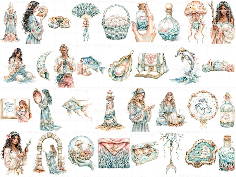 Watercolor Seaborn Witch Clipart Set – Witchcore PNG Graphics (89 Images) image 3