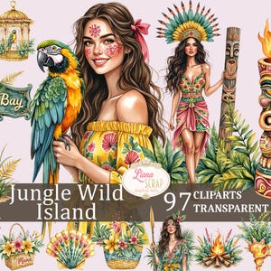 Jungle Wild Island 97 clipartset - tropische bloemen, Tiki, dieren - digitale plannerstickers, png voor scrapbooking en ontwerp