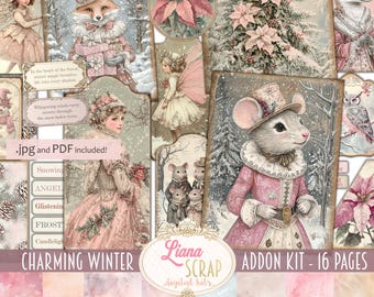 Könnte beinhalten: Ein digitales Scrapbooking-Set mit Winterthema. Das Set enthält 16 Seiten mit Bildern, die einen Fuchs, eine Maus, eine Fee, einen Weihnachtsstern und eine verschneite Waldszene zeigen. Das Set enthält auch einen Satz digitaler Papiere mit Aquarell-Effekt.