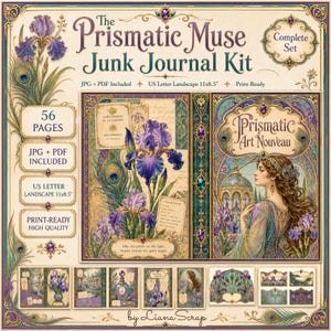 Può includere: Il kit per junk journal The Prismatic Muse include 56 pagine in formato JPG e PDF, pronte per la stampa in formato orizzontale 27,9x21,6 cm. Il design presenta iris viola, piume di pavone e una donna in un abito ornato con testo.