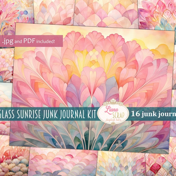 Stained Glass Sunrise Junk Journal, basic background paper, digital paper, printable, stained glass journal, vintage paper, sun background