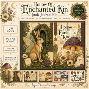 Puede incluir: Un kit de diario basura Hollow of Enchanted Kin con 54 páginas en formatos JPG y PDF. El diseño incluye un conejo hada, un zorro y una seta grande, con el texto US Letter Landscape 11x8.5 inches y calidad lista para imprimir.