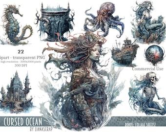 Cursed Ocean Clipart PNG Set, 22 witch clipart, commercial use clip art, cursed ocean watercolor art, PNG witch theme illustrations