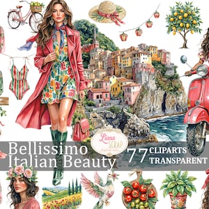 Images clipart Bellissimo beauté italienne 77 PNG transparents Design floral numérique planificateur autocollants Italie mode vintage graphiques aquarelle