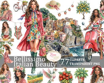 May include: A digital art collection titled "Bellissimo Italian Beauty" featuring watercolor illustrations. The image includes a woman in a red coat, a scooter, a bicycle, and various Italian-themed elements like a coastal town and food.
