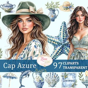 Set di clipart ad acquerello Cap Azure 97, grafica estiva da spiaggia, PNG trasparenti, adesivi per planner digitali, illustrazione per scrapbooking