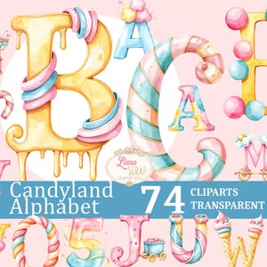 Candyland Alphabet 74 Watercolor Clipart Set - Sweet Treats, Digital Planner Stickers, Transparent PNG, Kids Party, letters and numbers