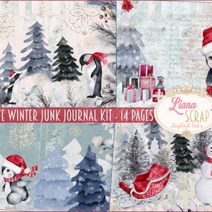 Kit de journal indésirable d’hiver festif, imprimables de collage d’hiver, kit d’hiver numérique avec scènes d’hiver et pingouins, papier de journal indésirable