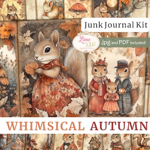 Kit de journal numérique fantaisiste d'automne, collage automne imprimable, papier famille écureuil des bois