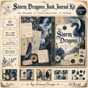 Peut inclure: Un kit de journal créatif numérique intitulé Storm Dragons Junk Journal Kit comprenant 57 pages au format paysage US Letter 27,9 x 21,6 cm. Le design présente des illustrations de dragons, châteaux, cartes, boussoles, plumes et motifs floraux dans des tons bleu et crème avec des textes comme The Storm Dragons et Chronicles of Thunder and Wind.